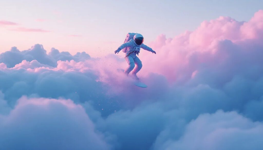 Astronaut surfing on the clouds